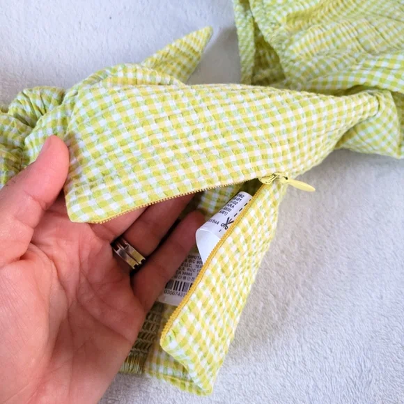 💕 Zara NEW Lime Yellow Gingham Plaid Crop Bubble Sleeves Checkered Knot Zipper - Picture 5 of 15